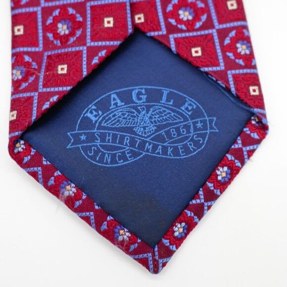 Eagle Shirtmakers Red Blue Geometric Floral Woven Silk Tie - Picture 3 of 6